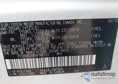 2015 Toyota Rav4 Limited from USA, damaged, VIN 2T3YFREV8FW186112